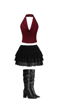 Red sparkly halter top with a black ruffled mini skirt and black boots