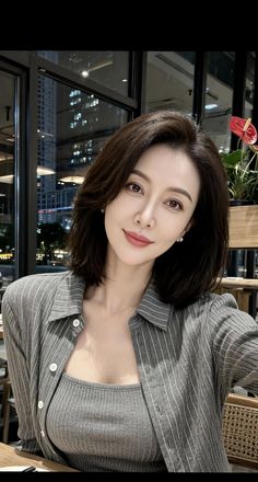 Woman with short hair wearing a striped shirt indoors at night