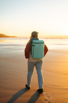 Person with a backpack on a beach at golden hour, viewed from behind