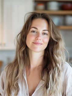 Woman with long wavy light brown hair and green eyes in a casual shirt