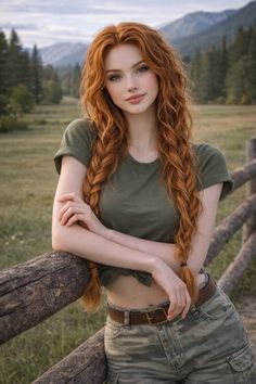 Woman with long red braided hair in a green t-shirt and camouflage shorts outdoors