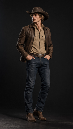 Man in a cowboy hat, leather jacket, and jeans on a dark background