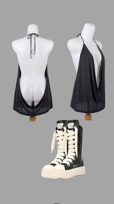 Black halter top on a mannequin with platform high-top sneakers
