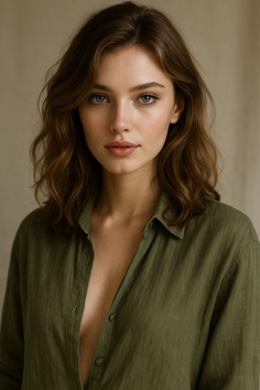 Woman with wavy hair and green eyes wearing an unbuttoned green shirt