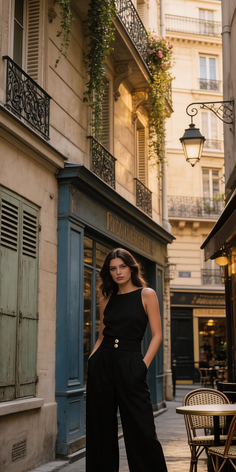 Woman in a black jumpsuit standing on a narrow street with buildings and cafe tables