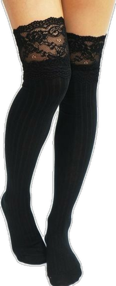 Pair of legs wearing black thigh-high socks with lace tops
