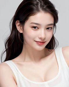 Woman with long dark hair wearing a white tank top, smiling at the camera