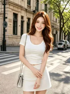 Woman with long wavy hair in a white crop top and mini skirt on a city street