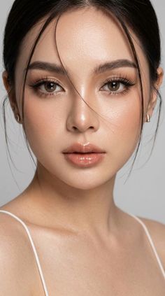 Close-up portrait of a woman with dark hair and natural makeup