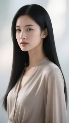 Woman with long black hair wearing a light colored v-neck top