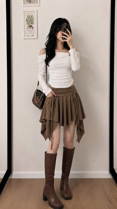Woman in an off-shoulder top and brown skirt taking a mirror selfie