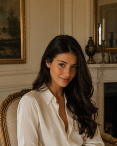 Woman with long dark hair wearing a white shirt in a classic indoor setting
