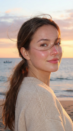 Woman with a ponytail on a beach at golden hour, looking over her shoulder