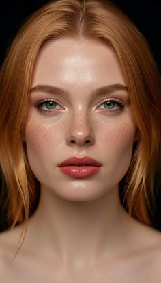 Close up portrait of a woman with red hair, green eyes, and freckles