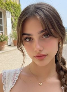 Close-up portrait of a woman with long brown hair and green eyes outdoors