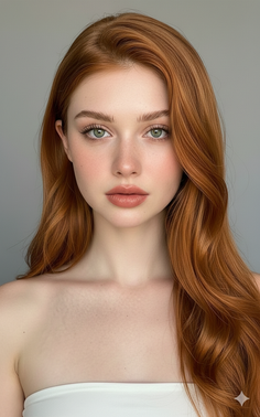 Woman with long red hair and green eyes wearing a white strapless top