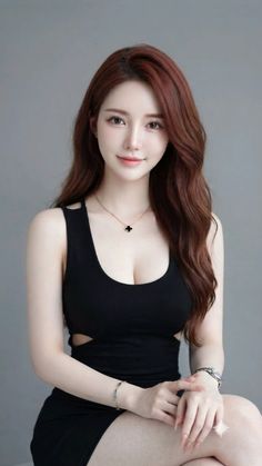 Woman with long wavy hair wearing a black top and necklace