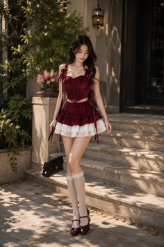 Woman in a red corset top and mini skirt with knee-high socks outdoors