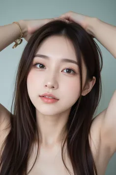 Woman with long dark hair and a gold bracelet, hands behind her head