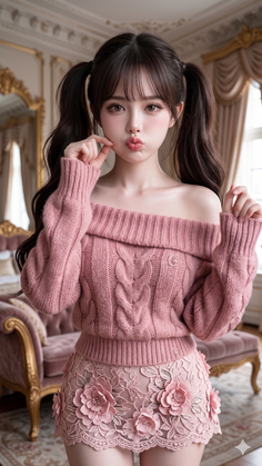 Woman with pigtails in a pink off-shoulder sweater and lace floral skirt