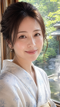 Woman in a white kimono with blue floral patterns smiling in a Japanese garden