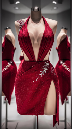 Red sparkling dress with deep cleavage and high slit on a mannequin