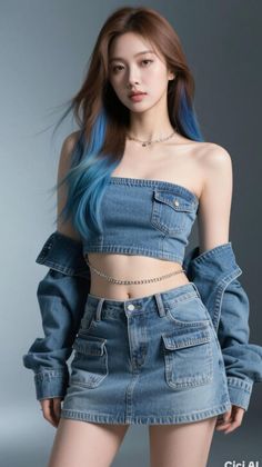 Woman with blue-tipped long hair wearing a denim outfit and belly chain