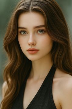 Woman with long brown hair and green eyes wearing a black top