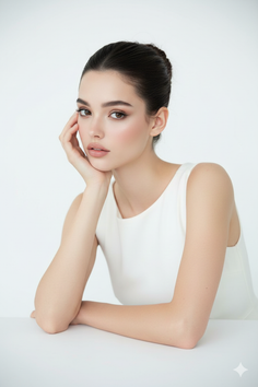 Woman with dark hair in an updo wearing a white dress, posing with hand on chin