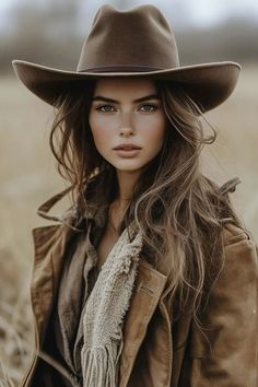 Woman in a cowboy hat and brown jacket with long hair outdoors