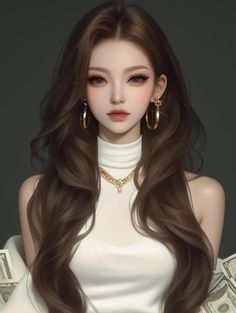 Illustration of a woman with long brown hair wearing a white top and gold jewelry
