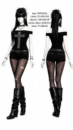 Mannequin displaying a gothic outfit with an off-shoulder top and ripped tights