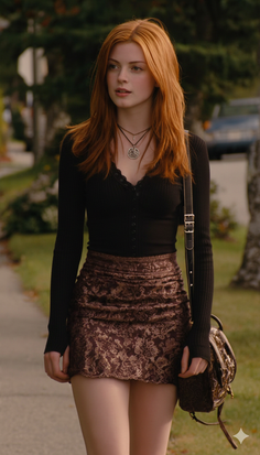 Woman with red hair wearing a black top and patterned mini skirt outdoors