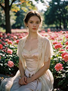 Woman in a pink dress and lace shawl sitting in a rose garden