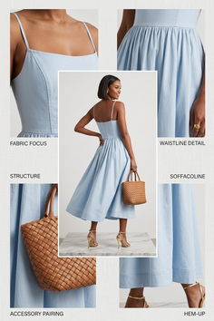 Woman in a light blue midi dress holding a brown woven handbag
