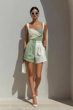 Woman in a two-tone top and shorts with white sunglasses and high heels