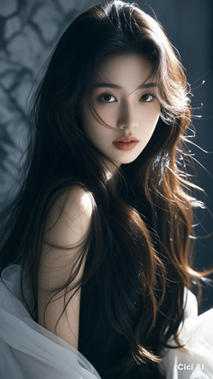 Woman with long dark hair and exposed shoulders, lit by soft backlight