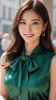 Woman with long brown hair wearing a green blouse with a bow collar outdoors
