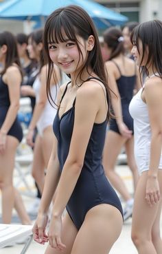 Young woman in a dark swimsuit smiling at the camera with other people in the background