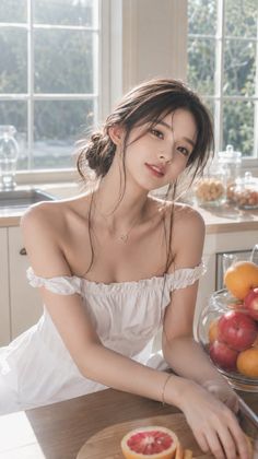 Woman in a white off-shoulder dress with a messy bun in a sunlit kitchen