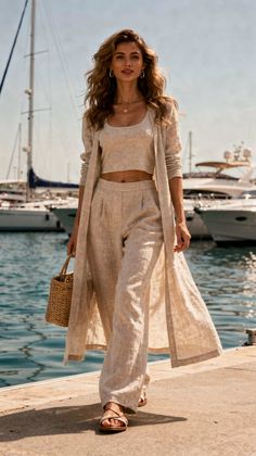 Woman in a linen outfit walking along a marina with yachts in the background