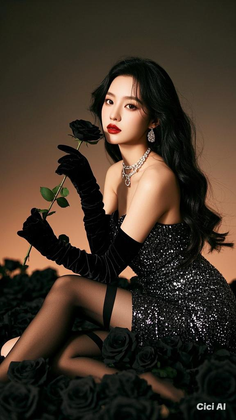 Woman in a sequin dress and long gloves holding a black rose