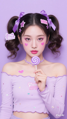 Woman with pigtails and pink makeup holding a lollipop against a purple background