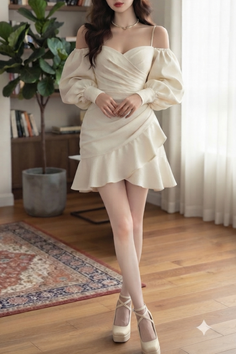 Woman in a cream off-shoulder dress with ruffles and high heels indoors