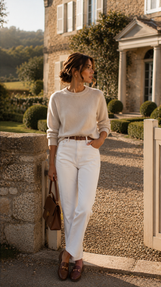 Woman in a cream sweater and white jeans standing outdoors near a stone building