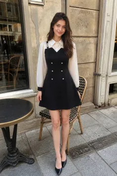 Woman in a black dress and white shirt standing on a street