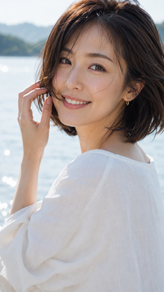 Woman with short hair in a white top smiling outdoors by sparkling water