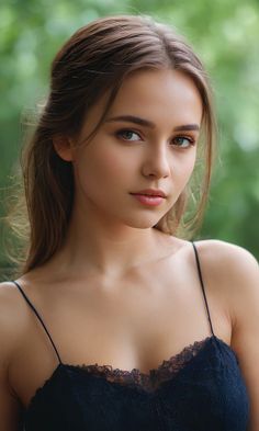 Woman with long brown hair wearing a dark top with lace trim outdoors