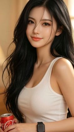 Woman with long black hair in a white tank top holding a Coca-Cola can
