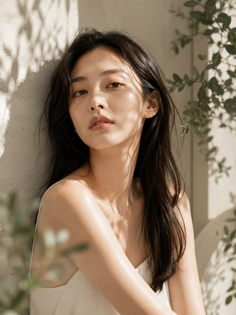 Woman with long dark hair in a white top, bathed in natural light and shadows